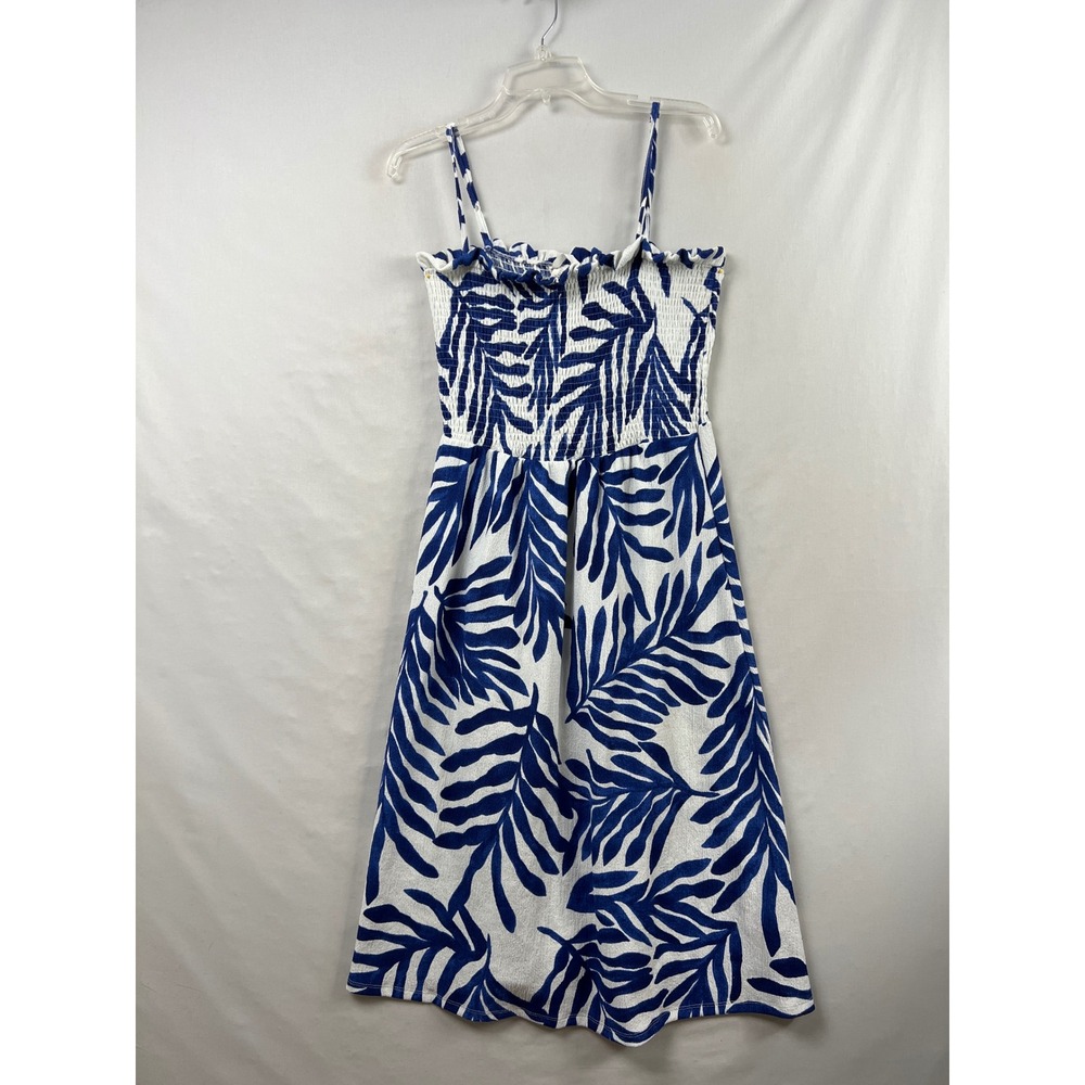 H&M Smocked Midi Dress Womens XL Gauze Crinkle Blue White Tropical Strappy Beach